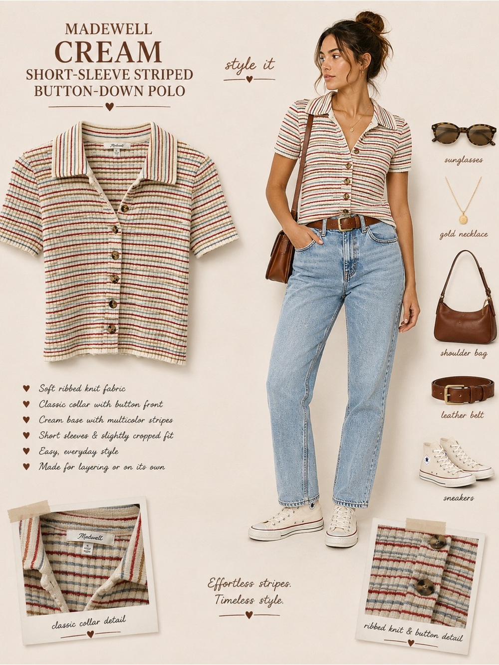 Madewell Cream Short-Sleeve Striped Button-Down Polo
